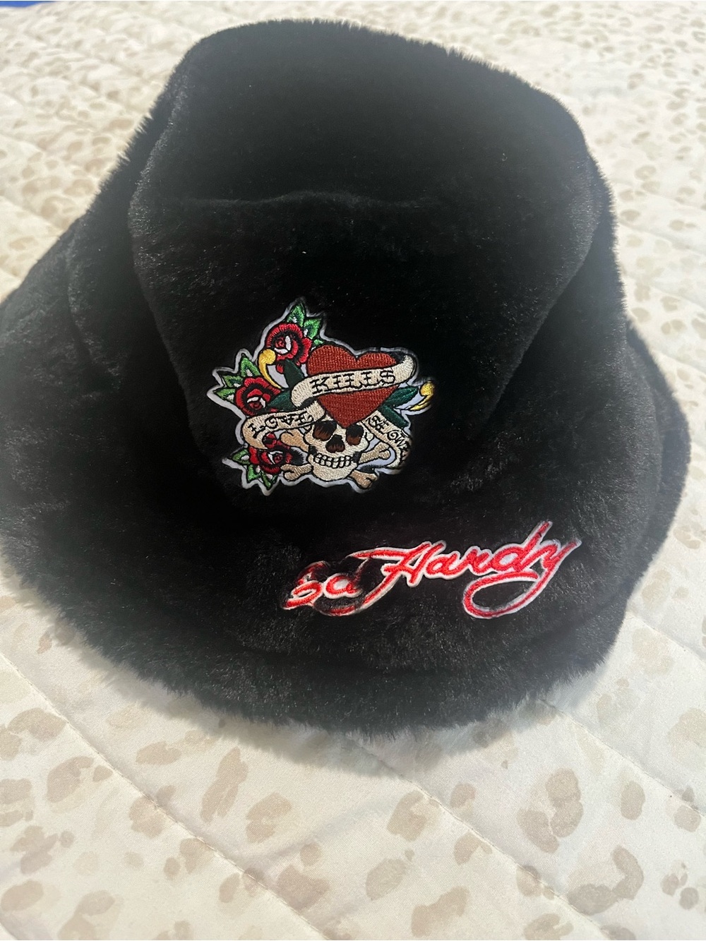 Ed Hardy Black Fuzzy Bucket Hat with Colorful Skull Patch